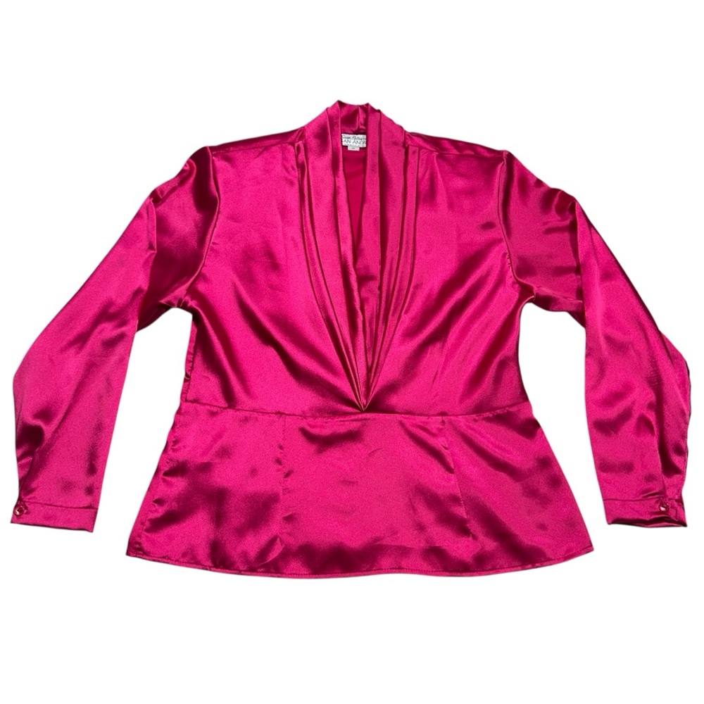 Vintage Sonya Ratay San Andre Fuchsia Pink Satin Blouse Long Sleeves Size 10 80s
